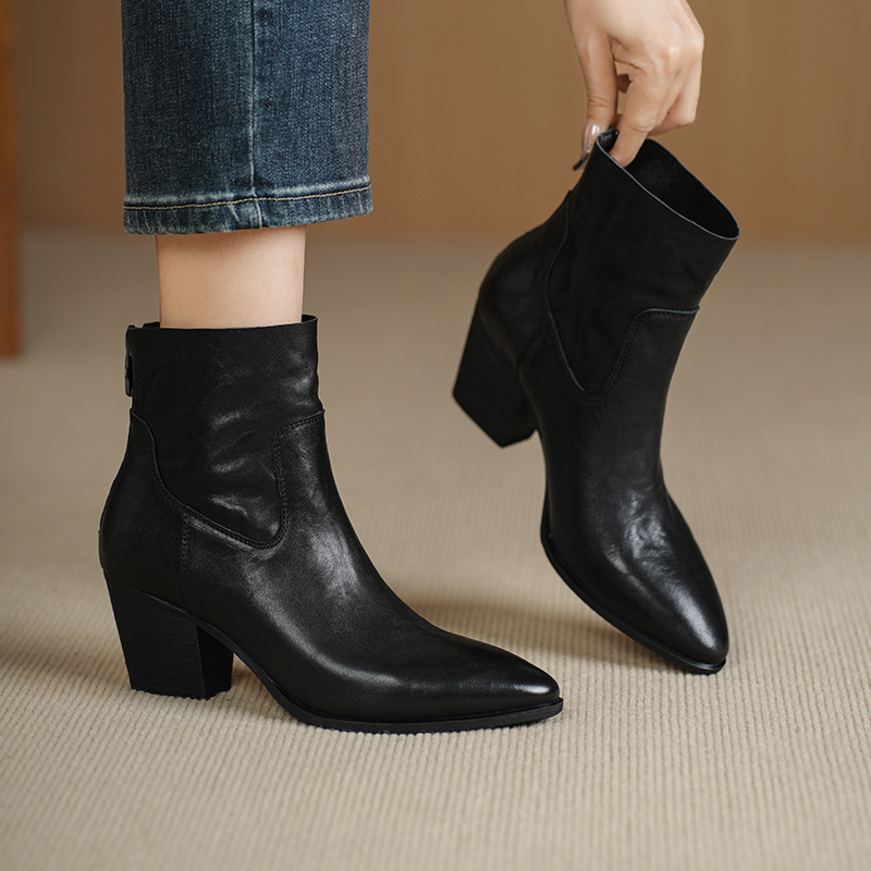 French Retro Pointed Toe Mid-Heeled Short Boots for Women, Autumn and Winter Single Boots, Genuine Leather Boots, Boots, Ankle Boots, Thick Heel Women's Boots