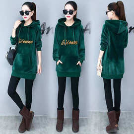 中长款女装秋冬季新款韩版宽松卫衣女长袖连帽单面绒上衣打底衫