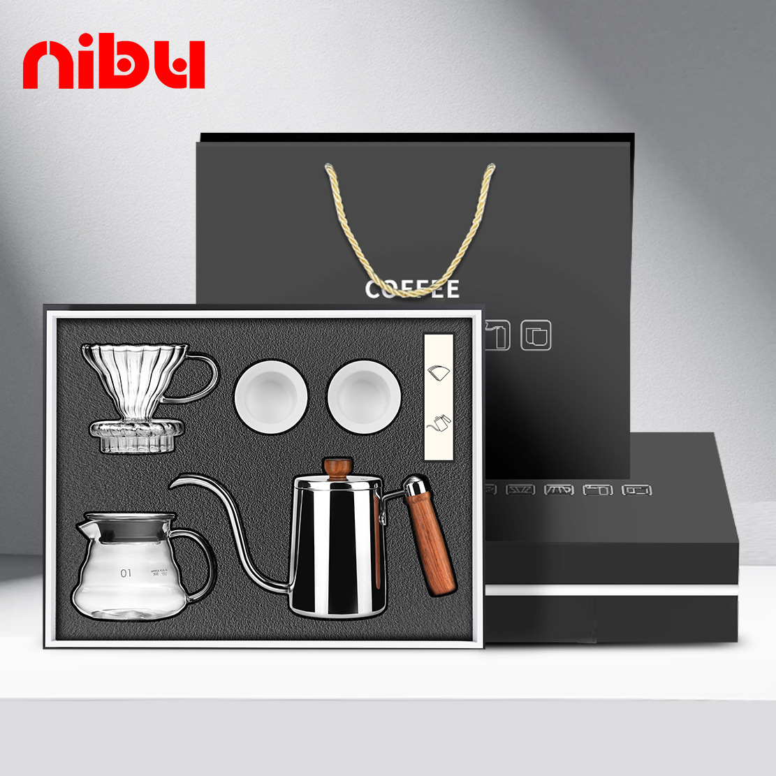 Nibu nuevo conjunto de café de fabricación manual, caja de regalo de negocios de café, taza de café de fabricación manual, papel de filtro de taza de fabricación manual, 6 conjuntos