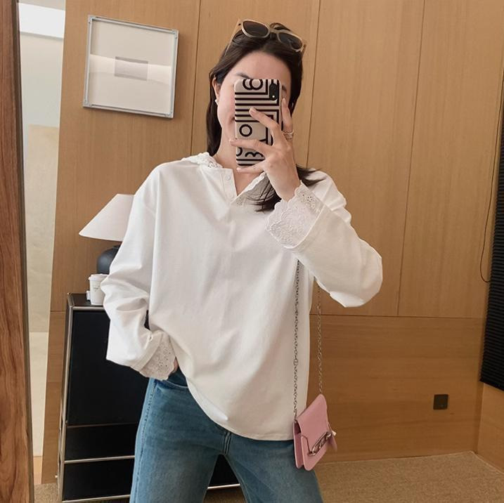 Niche Designer Spicy Girl Slim-Fit Lace Patchwork Long-Sleeve T-Shirt Hooded Top Base Shirt for Women