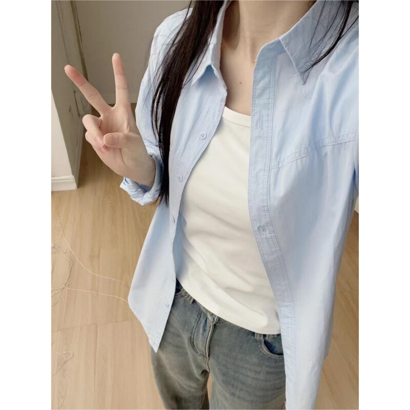 Pure Cotton Solid Color Shirt Women's Outer Wear Spring and Autumn Loose Casual Slimming All-match Stacked Sunscreen Shirt Jacket