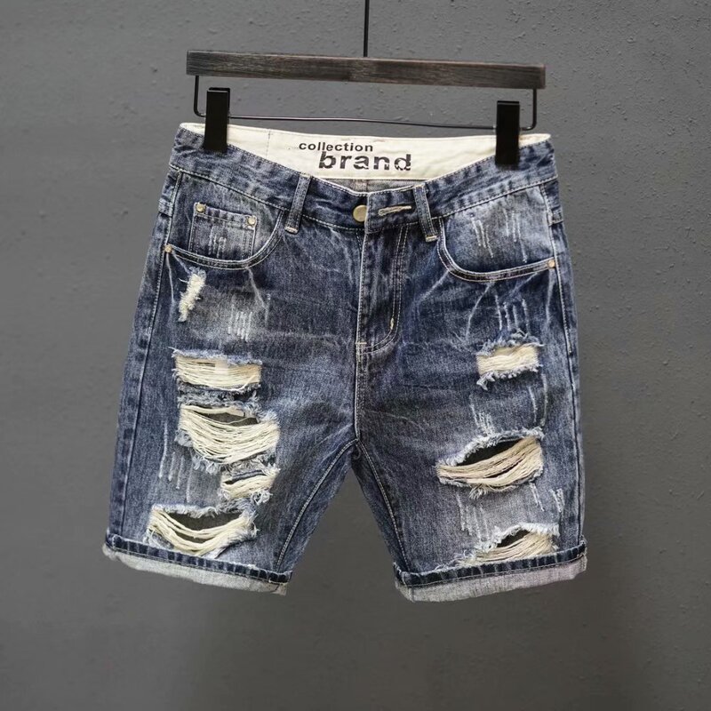 Summer Rapped Stretch Washed Denim Pants Men's Loose plus size Youth Trendy Ins Shorts