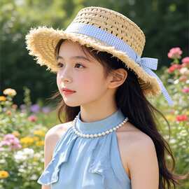 夏季镂空海边沙滩草帽大帽檐蝴蝶结草编帽子女童遮阳帽夏季高级感