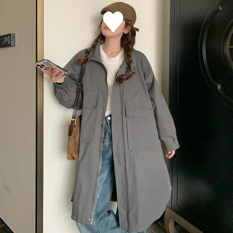 여성용 워크웨어 후드 윈드브레이커 재킷 2024 가을 겨울 신상 디자인 니치 아웃도어 중간 길이 회색 코트