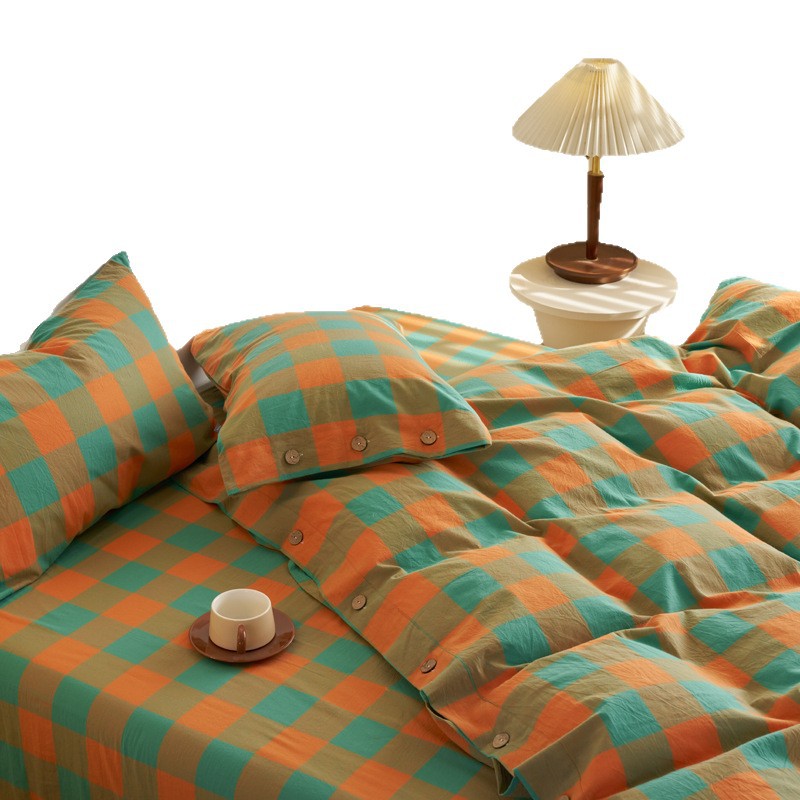 Nordic Style Cotton Plaid Bedding Set With Fitted Sheet For Home_voghion.com