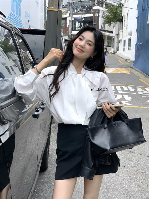 柠檬绿茶领结衬衫女2025秋季新款气质立领长袖衬衣设计感小众上衣|undefined