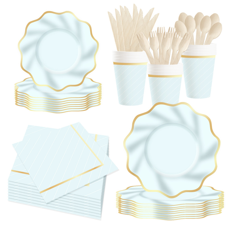 Cross-Border Hot-Selling Ruffled Plain Series Party Decorations Thickened Disposable Tableware Set Paper Plates and Flags Wholesale