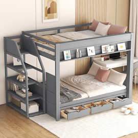 跨境出口灰色多功能高低床 带储物抽屉下铺沙发 bunk bed 外贸