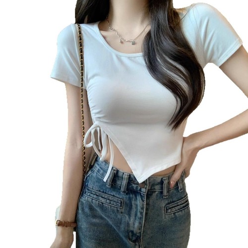 Summer Tight Short Sweet and Spicy Sister Revealing Navel Drawstring Slit Asymmetrical Square Collar Short-Sleeve T-Shirt for Women, Ins Pure Desire Top