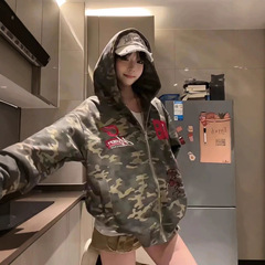 迷彩刺绣美式复古高街加绒连帽卫衣男女秋冬2025新款休闲开衫外套