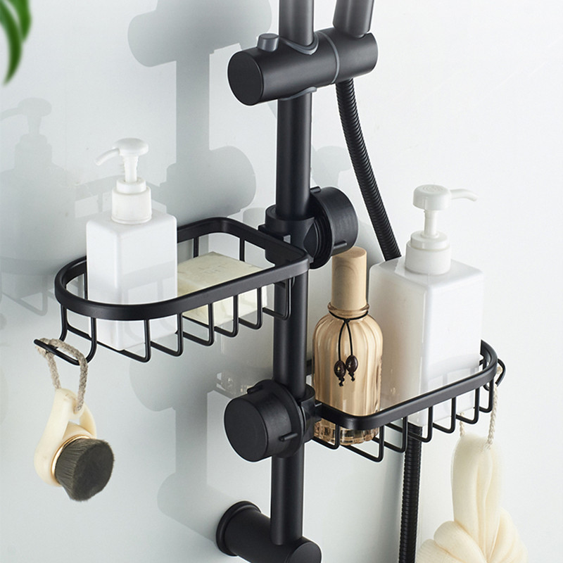 Étagère Salle De Bain Sans Perçage – 2 Plateaux + 4 Crochets – Support 12,5 Kg – Noir, Acier Inoxydable