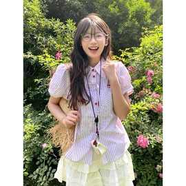 粉色甜美条纹短袖衬衫女夏季小个子泡泡袖短款减龄蝴蝶结衬衣上衣