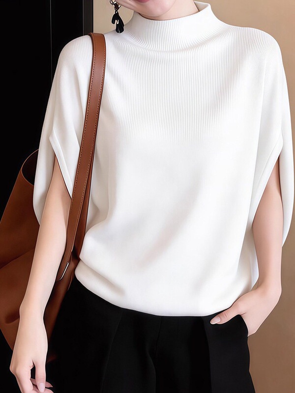 White Batwing Sleeve Knitted Short-Sleeved Shirt for Women, New Summer Style, Loose Design, Niche High-End Top White Batwing Sleeve Knitted Short-Sleeved Shirt for Women, New Summer Style, Loose Design, Niche High-End Top