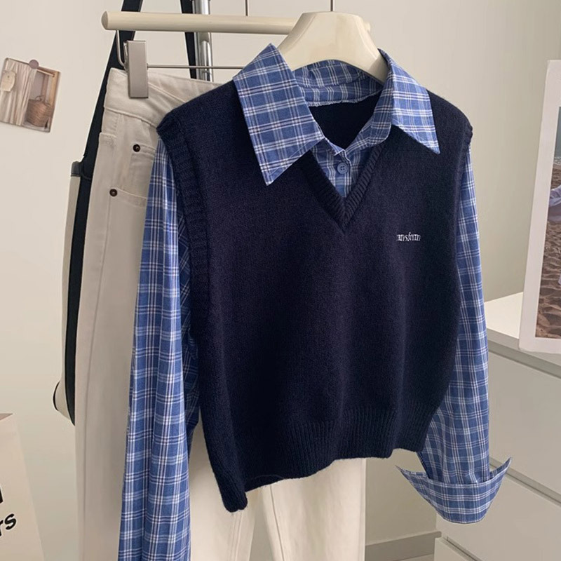Fake Two-piece Stitching Shirt Knitted Shirt Women's Top Korean Style Autumn New All-match V-neck Sweater Vest College Style