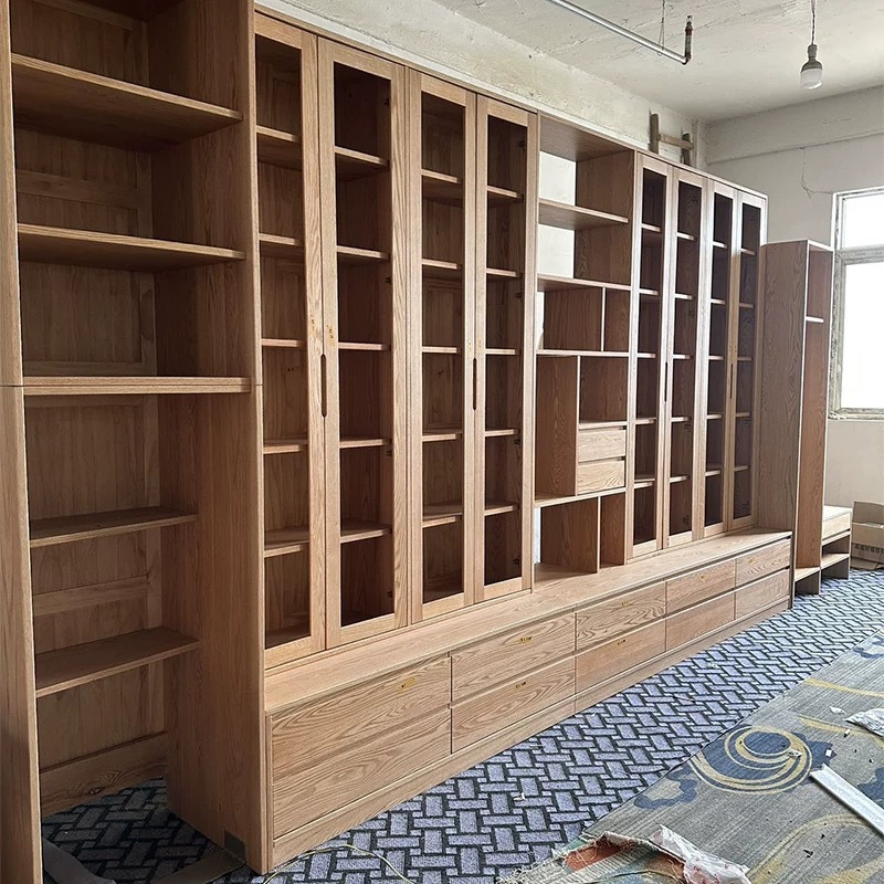 Customized Solid Wood Card Holder Bookcase, Antique Style Whole Wall Living Room Bookshelf, Oak Full Wall Storage Floor-Standing Display Bookcase