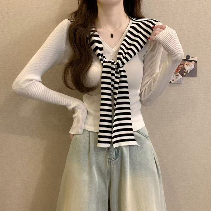 College Style Navy Collar Design Shawl New Knitwear Spring and Autumn Striped Slim Fit Short Long-Sleeved Top College Style Navy Collar Design Shawl New Knitwear Spring and Autumn Striped Slim Fit Short Long-Sleeved Top