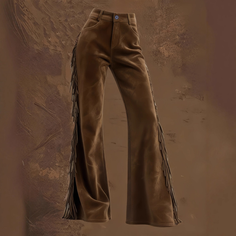 Cross-Border European and American Amazon Popular Women's Retro Western Tassel Deerskin Velvet Bell-Bottom Casual Trousers