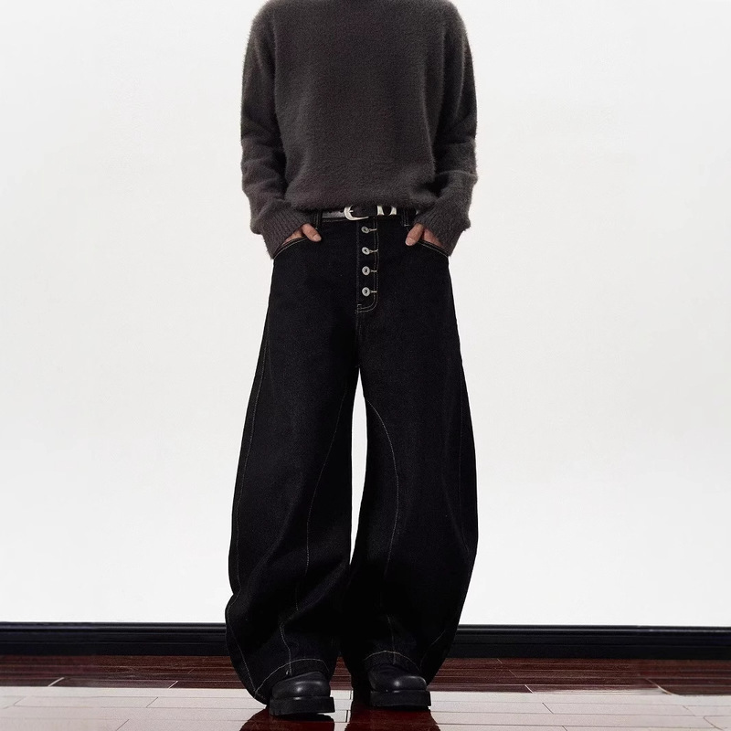 American Style Retro Tannin Black Scimitar Jeans Men's and Women's Trendy Design Sense Breasted Placket Loose Wide Leg Pants for Foreign Trade