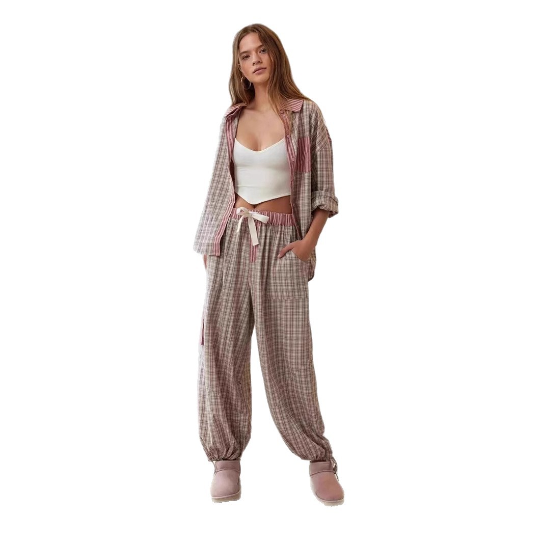 Women's Clothing Women's Plaid Shirt Set Long Sleeve Casual Home Wear Pajamas Autumn For Formal & Casual For Women_ecoleips.com