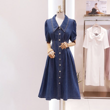 薄款牛仔连衣裙女2024夏季新款韩版收腰显瘦中长款短袖蓝色牛仔裙