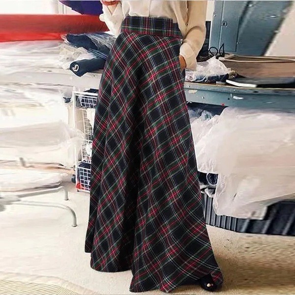 New cross-border women's high-waisted casual loose slimming plaid long skirt, fashionable versatile A-line skirt with a large hem New cross-border women's high-waisted casual loose slimming plaid long skirt, fashionable versatile A-line skirt with a large hem