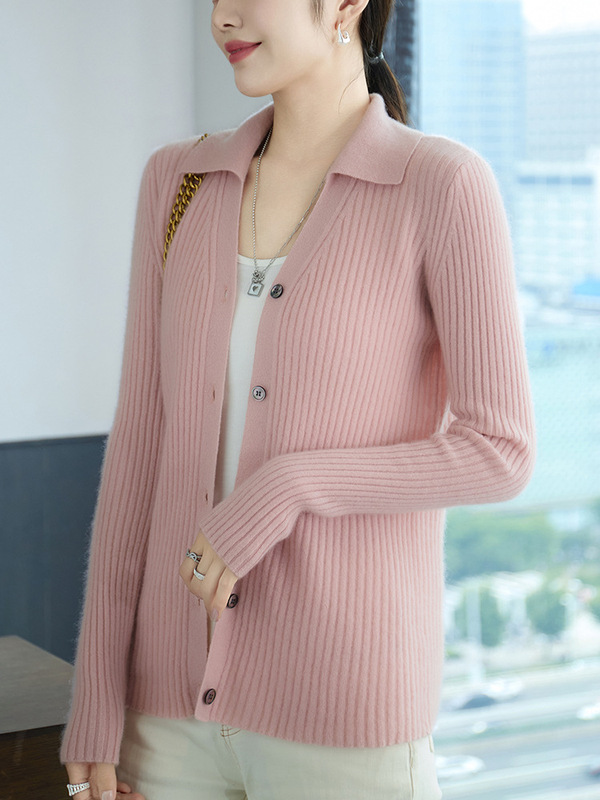 POLO Collar Solid Color 100 Pure Wool Women's Slim-fit Slimming Cardigan Sweater Drawback All-match Coat Warm Top Women