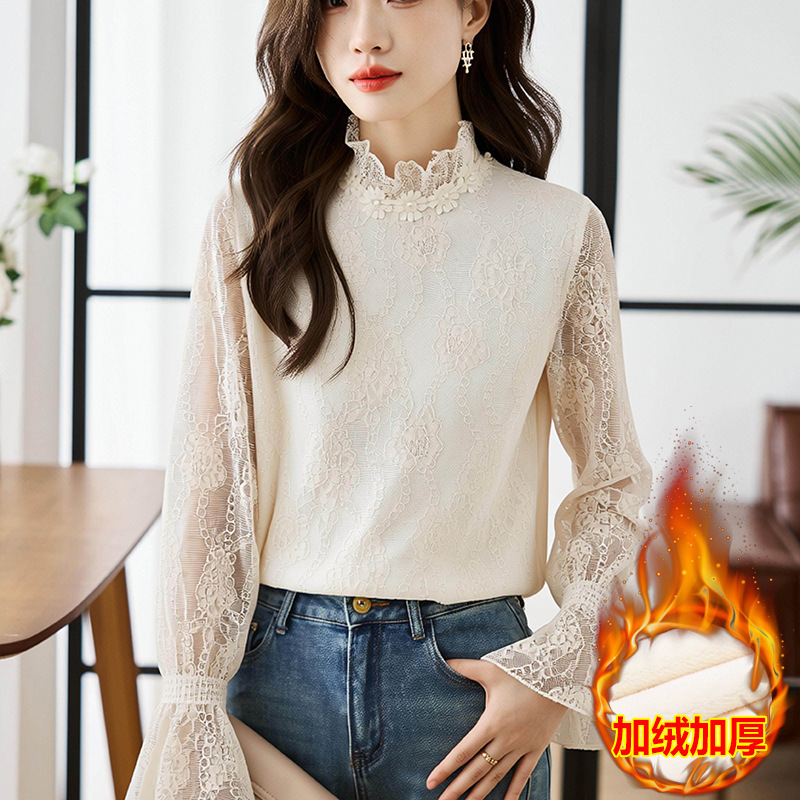 2026 Spring and Autumn New Korean Style Fashionable European Lace Base Shirt Chic Chiffon Blouse for Women