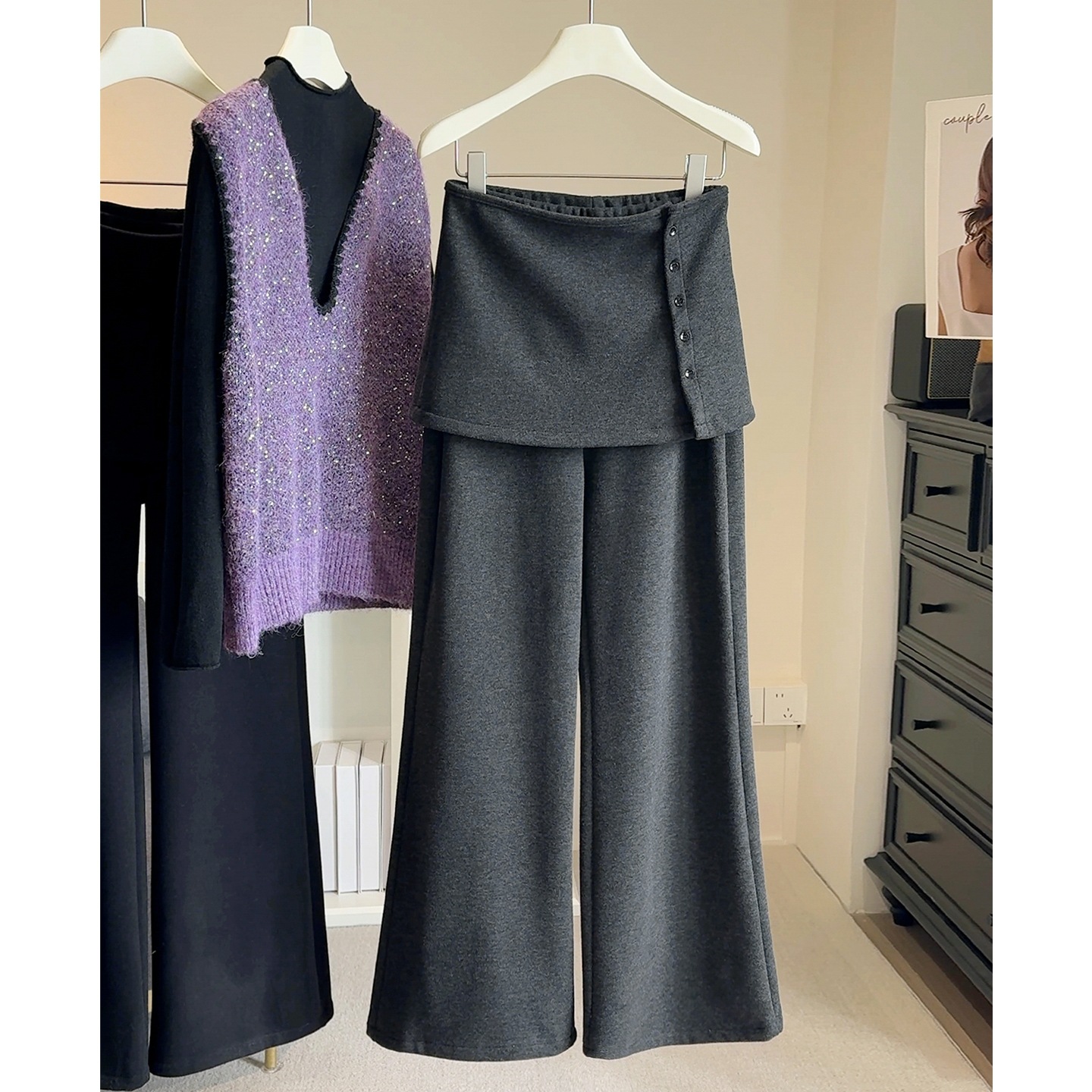 Designed with Fleece Lining, Thickened and Detachable, Casual Pants for Women, New Winter Korean Style, Layered Look, Elegant and Slimming Flared Pants