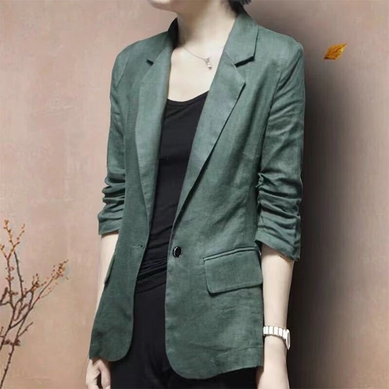 Cotton-linen artistic blazer, new thin slim-fit linen suit with three-quarter sleeves, women's casual spring and autumn simple jacket