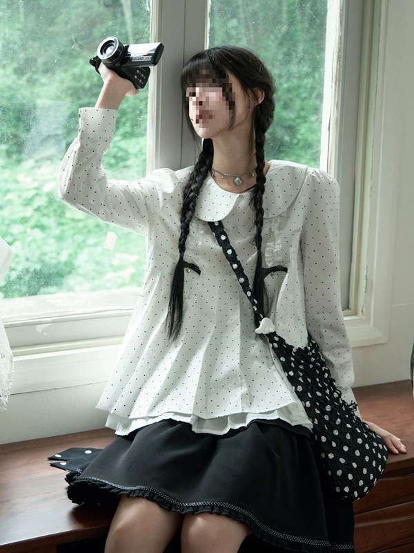 法式宽松休闲少女感娃娃领波点衬衫上衣+蝴蝶结系带半裙两件套女|undefined