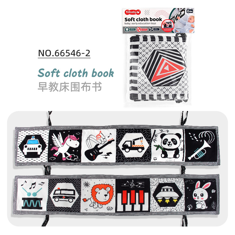 Bebé educación temprana juguetes educativos de doble cara de color blanco y negro libro de tela cama circunferencia colgante forma cognitiva animal bebé libro de tela
