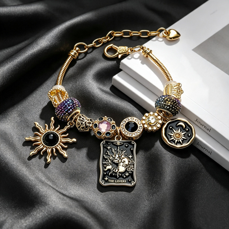 Tarot Card THE LOVERS Lover's Beaded Bracelet Black Gold Sun Star Moon Pendant Pandora Style DIY Bracelet Tarot Card THE LOVERS Lover's Beaded Bracelet Black Gold Sun Star Moon Pendant Pandora Style DIY Bracelet