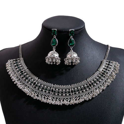 European and American personalized bell water drop tassel earrings, high-end full diamond dinner necklace, square geometric jewelry set