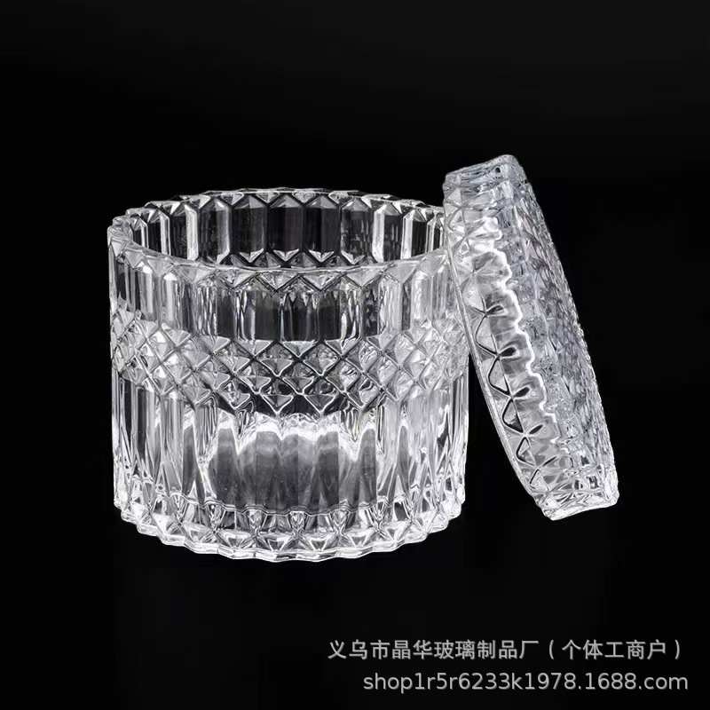 Taza de vidrio transparente de vidrio cristal con tapa de taza de vela de incienso con patrón de relieve conjunto