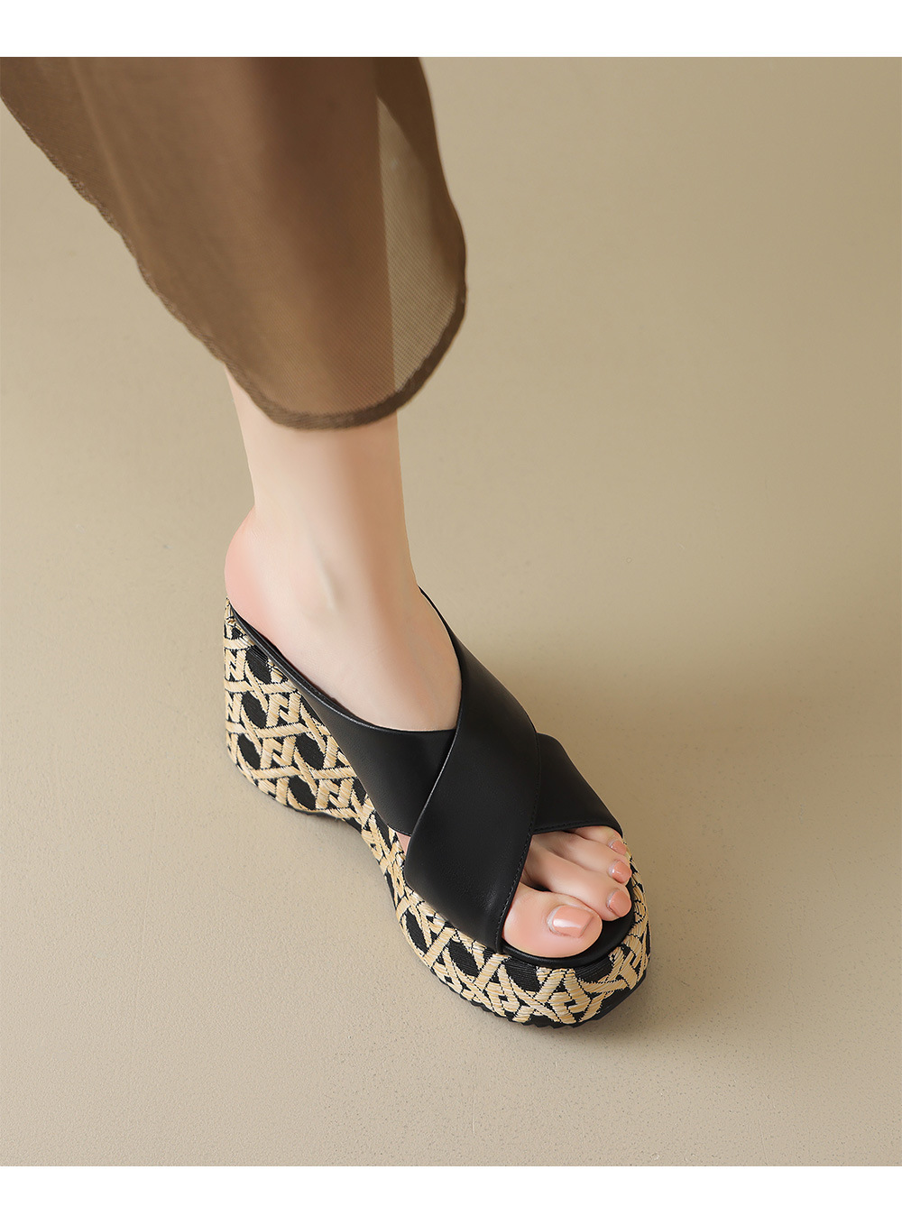 Sandal cao gót nữ quai chéo 9cm đế xuồng hở mũi — Màu đen, Màu mơ chi tiết 5