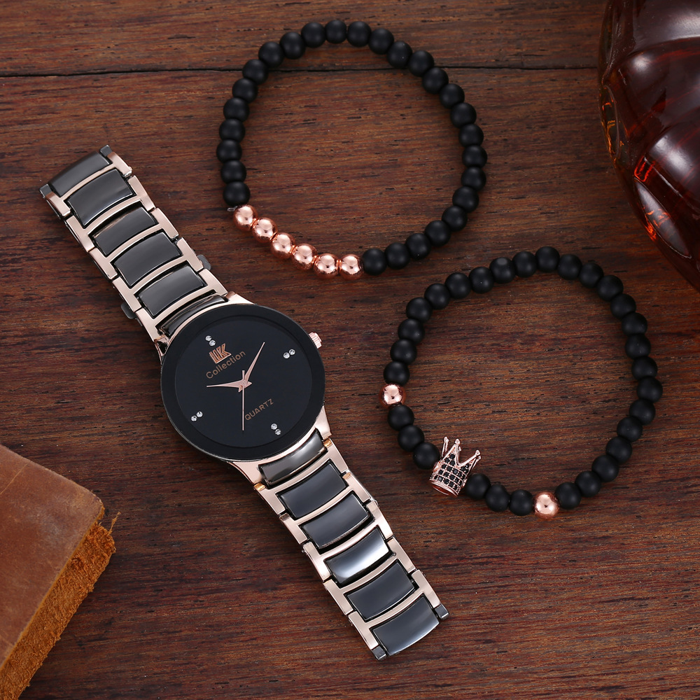 Tendenza moda maschile, quadrante personalizzato e minimalista, orologio al quarzo con cinturino in acciaio + braccialetto (3 pezzi/set)_voghion.com