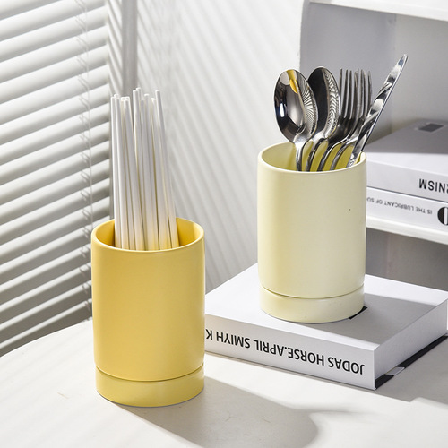 Multifunctional Japanese-style ceramic double-tube drain chopstick tube matte chopstick holder chopstick cage knife and fork storage box chopstick bucket