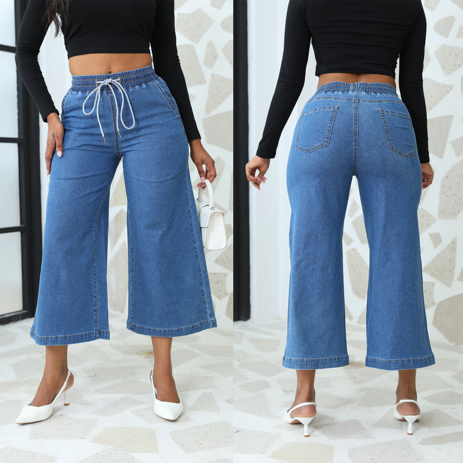 Pantalones vaqueros elásticos de mezclilla con cordones, de pierna recta y ancha, estilo cropped, de moda europea y americana, de alta calidad, para mujer, venta al por mayor, novedad 2026