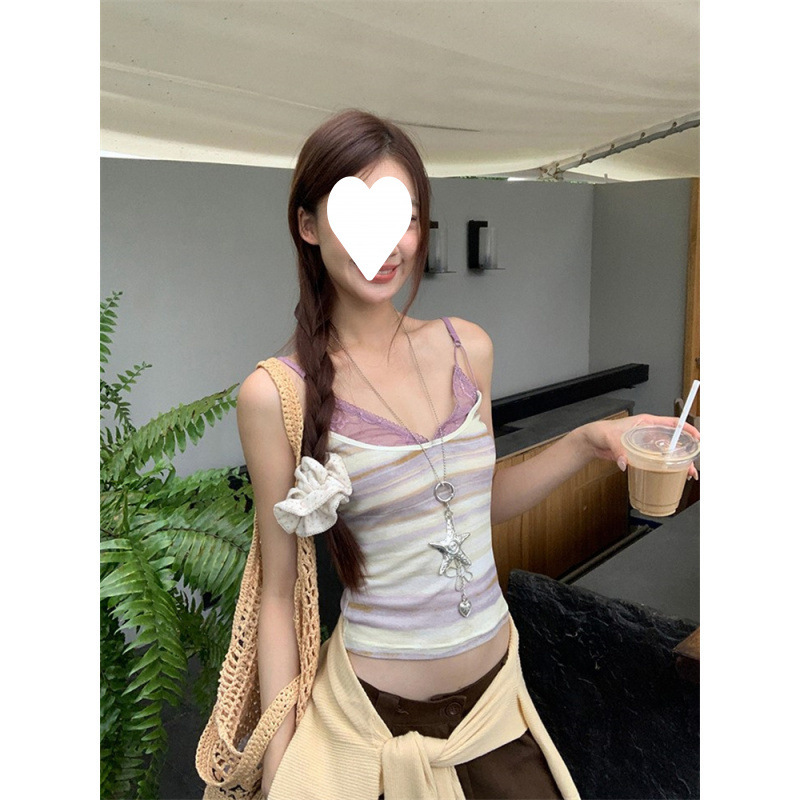 工厂吊带背心女夏外穿2025新款露背辣妹蕾丝紫色条纹无袖上衣女|undefined