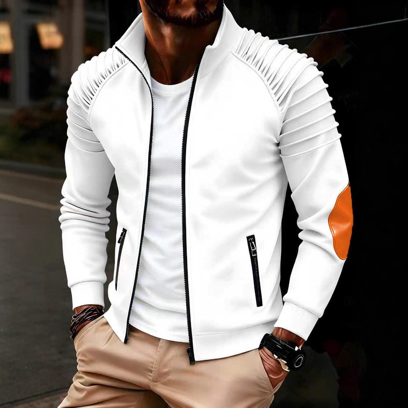 Cross-Border New European and American Men's Arm Pleated Design Jacket, Daily Casual Sports Zipper Pocket Cardigan