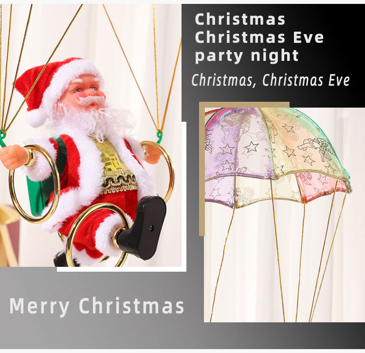 Decorazione natalizia creativa da appendere al soffitto con paracadute elettrico e musica di Babbo Natale, capriola e danza, regalo_voghion.com