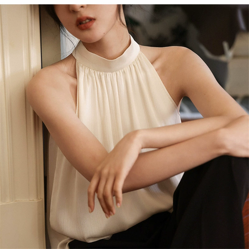 2023 онлайн летний дизайн нишевая верхняя одежда топ-жилет с бретельками на шее в гонконгском стиле шифоновый топ-камзол для женщин весна-лето