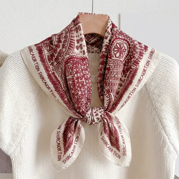 Red cotton-linen 70cm square scarf for women, ethnic style paisley shawl, spring and autumn bohemian style travel photo scarf