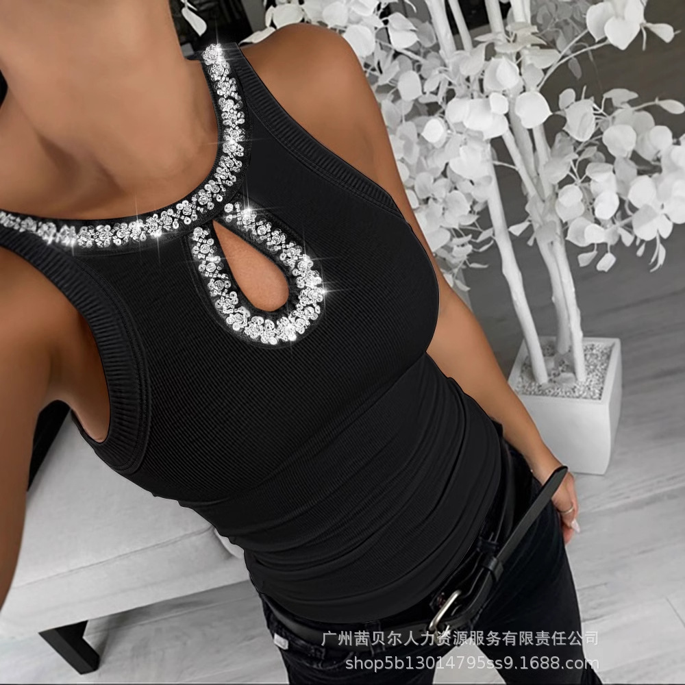 欧美女装新款织带拼接圆领无袖坑条上衣MJ0433000B