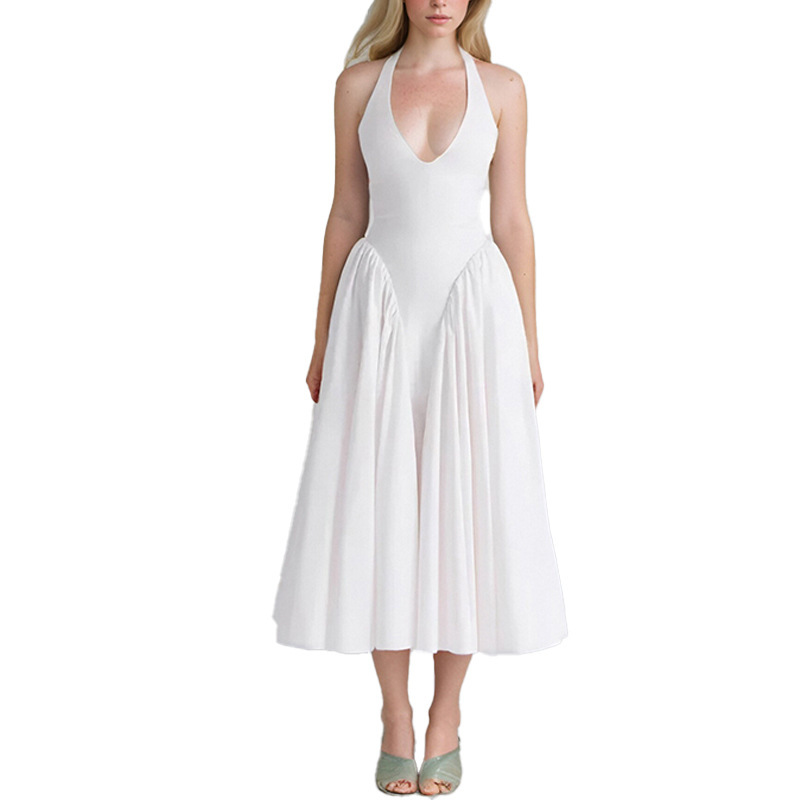 Transfronterizo 2025 primavera nuevo estilo Amazon ropa de mujer europea y americana temperamento sexy cuello halter color sólido delgado vestido sin espalda