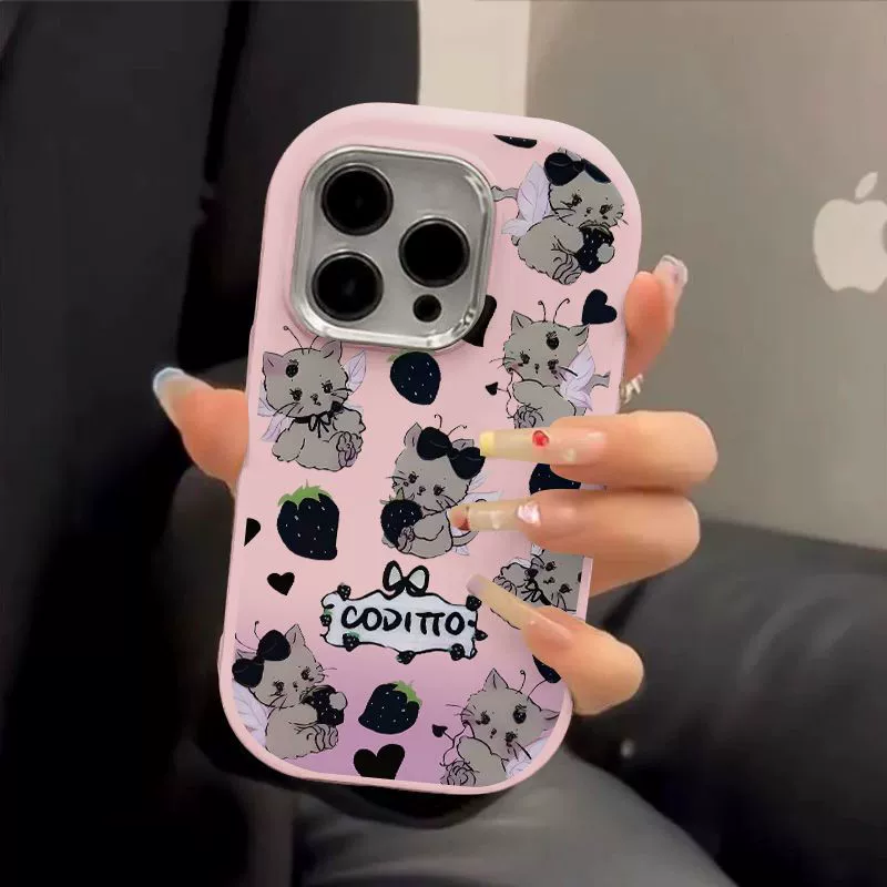 Чехол для телефона, совместим с Apple, клубничный дизайн, с котом, для iPhone 16, 16 Pro Max, 12