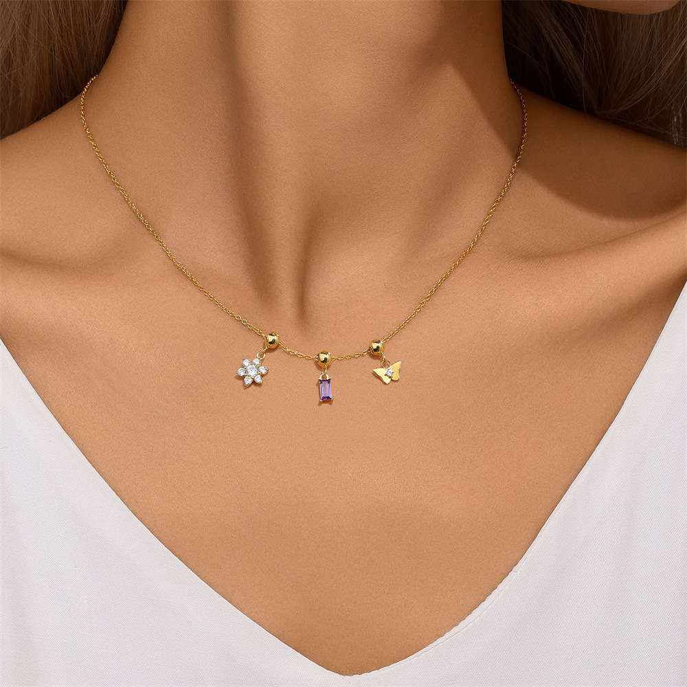 Holiday, Daily Occasion 925 Sterling Silver Zircon Cable Chain Plating Butterfly Multi Charms Necklace