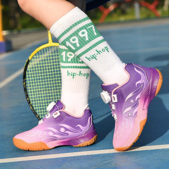 Cross-border revers badminton shoes rubber low men's children boys' rotating buckle breathable student girls' tennis shoes