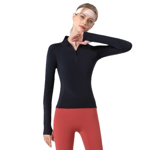 New spring and summer yoga wear for women, stand-up collar, half-zip, tight-fitting sports long-sleeved, high-elastic, quick-drying, feminine fitness wear jacket