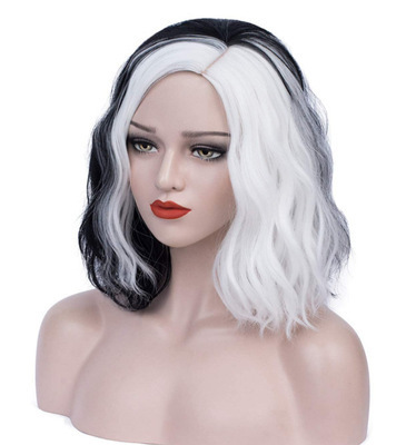 Cross-border supply of black and white yin and yang wigs, medium-length curly wigs, no bangs, wavy splice headers, Kuila wigs